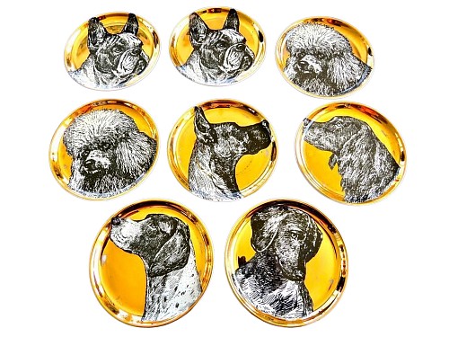 Piero Fornasetti Piero Fornasetti Ceramic Coaster Set of Eight Decorated with Dogs, 1960s $1,500