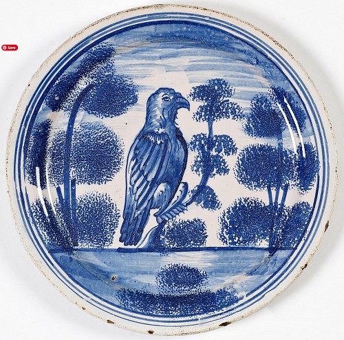 Inventory: British Delftware English Delftware Plate with Hawk Perched on Tree, London, Probably Vauxhall, 1710-25 $2,250