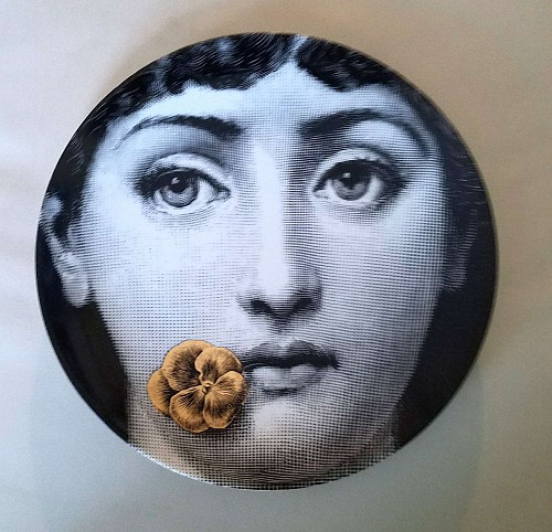 Piero Fornasetti Fornasetti Tema E Variazioni Gold Flower Plate,  Number 137, Based on the iconic image of Lina Cavalieri. Atelier Fornasetti. SOLD •