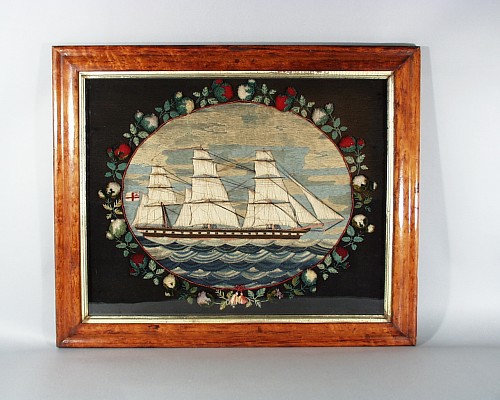 Sailor's Woolwork English Sailor's woolwork picture of a ship,, Circa 1875-80. SOLD •