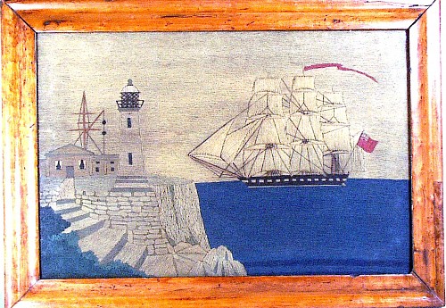 Sailor's Woolwork British Sailor's woolwork picture of a ship passing a lighthouse,, Circa 1880. SOLD •