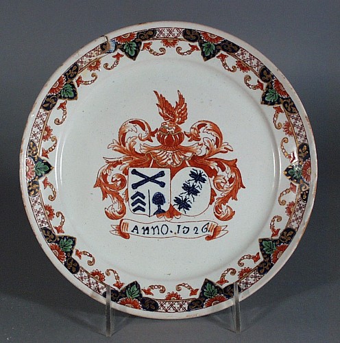 Dutch Delft Dore Plate With Central Coat-Of-Arms, Dated 1726. SOLD •