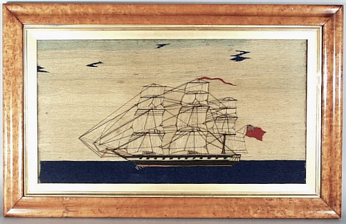 British Sailor's Woolwork Woolie picture of a ship,, Circa 1870. SOLD •
