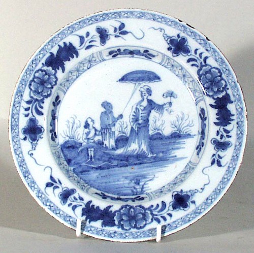 Bristol Delftware Liverpool Delftware plate decorated with Lady & Parasol., Dated 1749. SOLD •