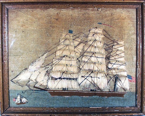 Sailor's Woolwork American Sailor's Woolwork Woolie picture of a Ship,, Circa 1875 SOLD •