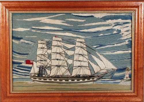 Sailor's Woolwork British Sailor's Wooie woolwork picture of a ship,, Circa 1875 SOLD •