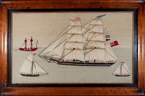 Sailor's Woolwork British Sailor's  Woolwork woolie  picture of four ships including the Aline,, circa 1870 SOLD •