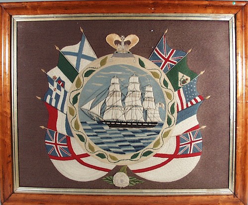 Sailor's Woolwork British Woolwork Woolie Picture of a Ship with flags., Circa 1875. SOLD •