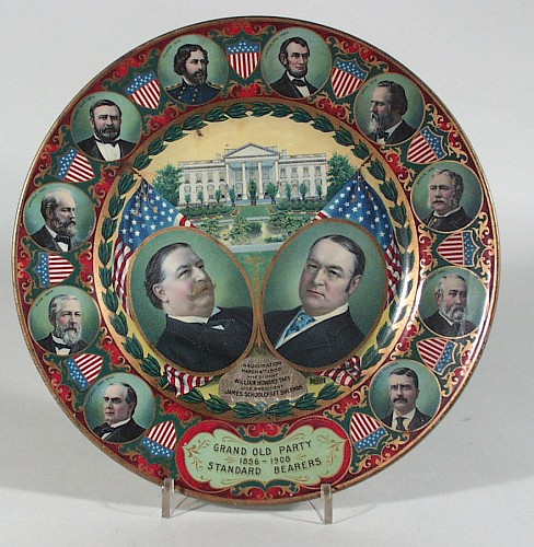 Presidential Inauguration Plate with portraits of William Howard Taft and his running mate, James S. Sherman, surrounded by images of previous Republican nominees,Circa 1880 SOLD •