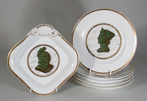 Paris Porcelain Paris Plates decorated with Greek Neo-classical Revival profiles,, Circa 1820. SOLD •