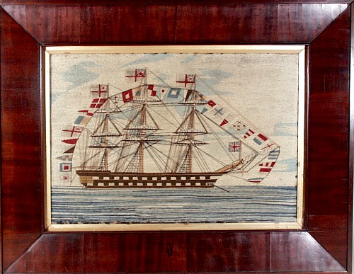 Sailor's Woolwork English Sailor's Woolwork Woolie Picture of a ship of the line fully dressed,, Circa 1855-65. SOLD •