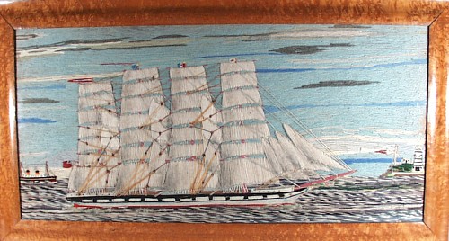 Sailor's Woolwork English Sailor's Woolwork Large Woolie Picture of Ships, Circa 1890-1910 SOLD •