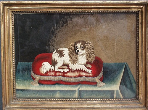 A Small English Woolwork Picture of a King Charles on a Cushion, Circa 1820-40 SOLD •