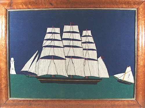 An English Woolwork Picture of a Three-masted ship passing a lighthouse with a small yacht nearby, Circa 1880 SOLD •