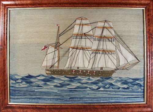 An English Sailor's Woolwork Picture of a Ship on Unusual Sea, Circa 1875. SOLD •