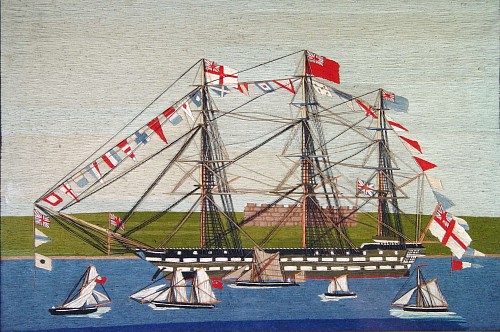 A FINE BRITISH SAILOR'S WOOLWORK PICTURE OF A FULLY DRESSED SHIP, CIRCA 1870 SOLD •