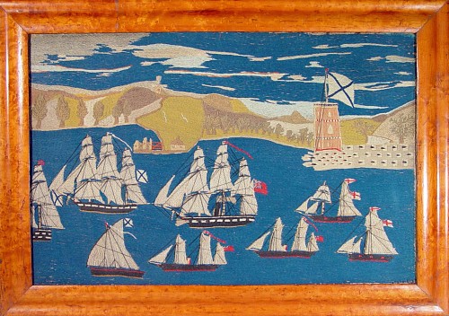 Sailor's Woolwork English Sailor's Woolwork Picture of The Battle of Bomarsund with British and Russian Fleets, Circa 1860-70 SOLD •