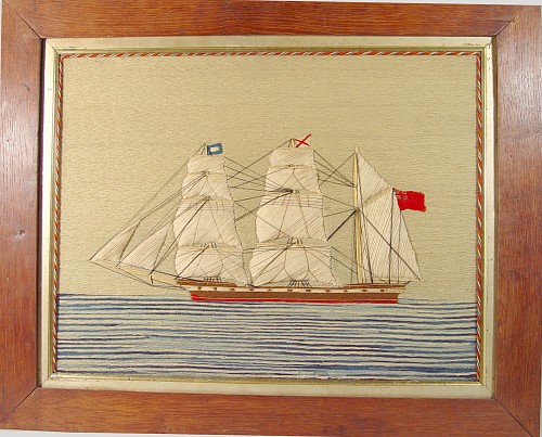 A British Sailor's Woolwork picture of a Ship, Circa 1875-85. SOLD •