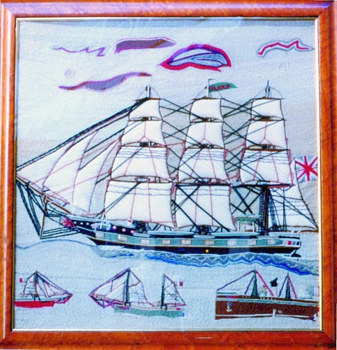 A Large British Sailor's Woolwork Picture of H.M.S. Mars and three other vessels, Circa 1880. SOLD •