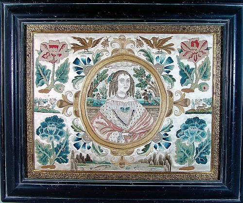 Inventory: A Fine English 17th Century Silkwork Picture of Queen Henrietta, wife of Charles I, Circa 1640-60. SOLD &bull;