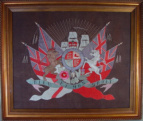 A Silkwork Picture of the Royal Coat of Arms with Flags and Large Ship, Circa 1870-90 SOLD •