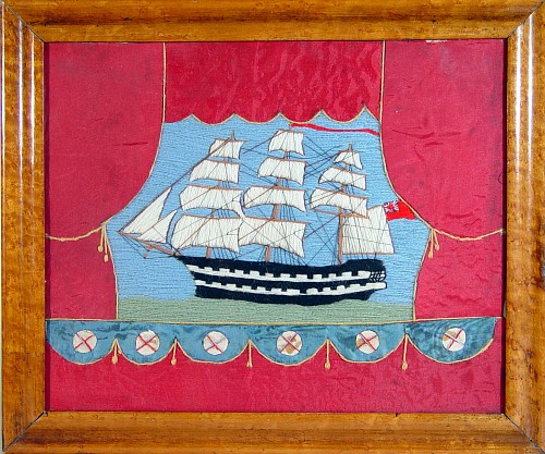 An English Sailor's Woolwork picture of a ship, Circa 1880 SOLD •