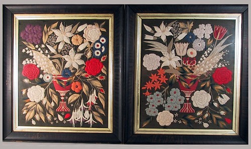 A Pair of English Woolwork Pictures of Flowers, Circa 1840 SOLD •