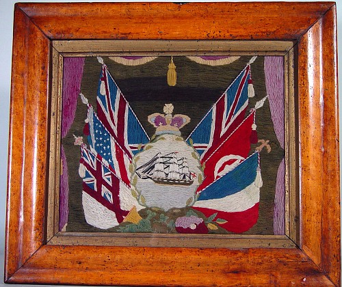 A Small English Sailor's  Woolwork Picture of Flags and Ship, Circa 1885 SOLD •