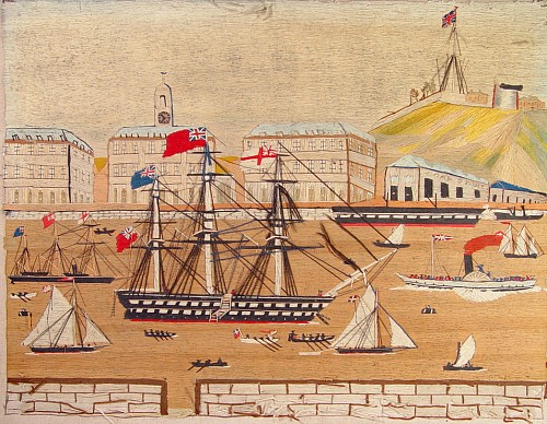 A Fine English Sailor's Woolwork Picture of Ships at Chatham, circa 1870-80 SOLD •