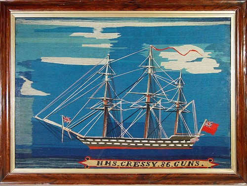 An English Sailor's Woolwork Picture of H.M.S. Cressy, Circa 1875. SOLD •