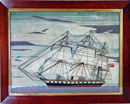 A Fine American Sailor's Woolwork Picture of an American Ship, Circa 1880 SOLD •