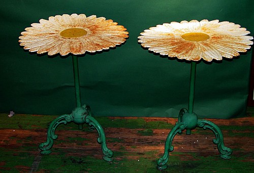 Inventory: A Rare Pair of Italian Painted Iron Garden Tables, the Tops in the form of Daisies, Circa 1880. SOLD &bull;