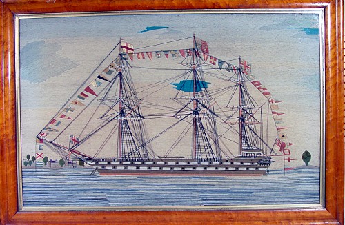A Fine Large British Sailor's Woolwork Picture of a Fully Dressed Ship, Circa 1870 SOLD •
