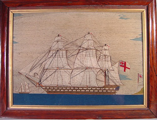 A British Sailor's Woolwork Picture with Two Ships and Fort, Circa 1880 SOLD •