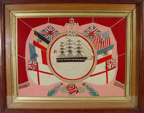 Inventory: An Unusual British Sailor's Woolwork Picture of Ship & Flag, Circa 1885 SOLD &bull;