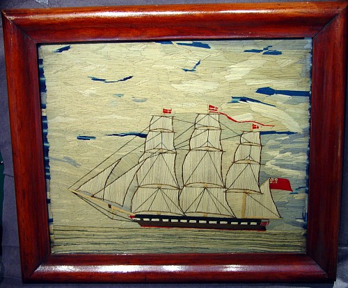 Inventory: A Large British Sailor's Woolwork Picture of a Ship, Circa 1880 SOLD &bull;