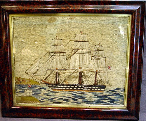 A Fine Sailor's Woolwork :Picture of a Royal Navy Ship entering Harbour, Circa 1885. SOLD •