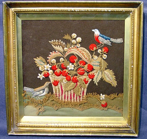 A Fine Feltwork Applique of Birds and Strawberries, Circa 1820 SOLD •