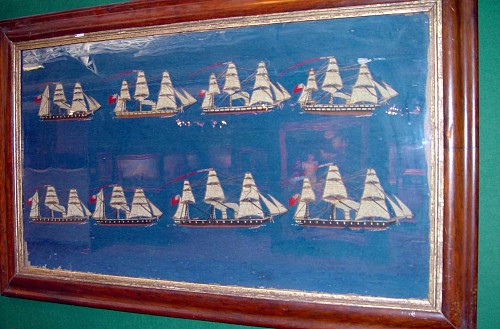 An Unusual British Sailor's Woolwork Picture of a Fleet of Eight Ships, Circa 1870 SOLD •