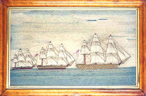 Inventory: A Fine English Sailor's Woolwork Picture of Three Royal Navy Ships, Circa 1865. SOLD &bull;