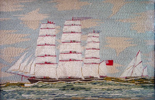 A British Woolwork Picture of the Ariel ,Signed C. Ames, Circa 1880. SOLD •