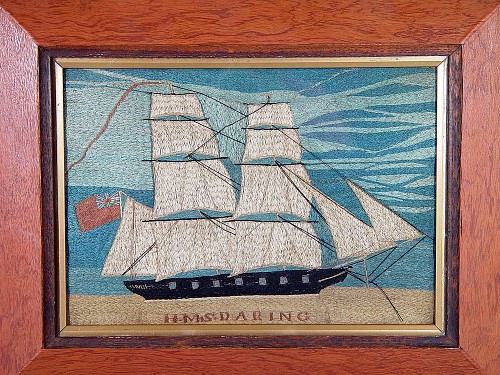 A Fine Small Sailor's Silkwork Picture of a Ship, The H.M.S. Daring, Circa 1864. SOLD •