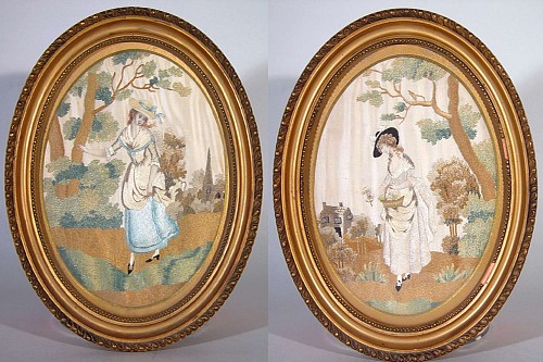 A Pair of English Oval Silkwork Pictures of Girls, Circa 1790-1810. SOLD •