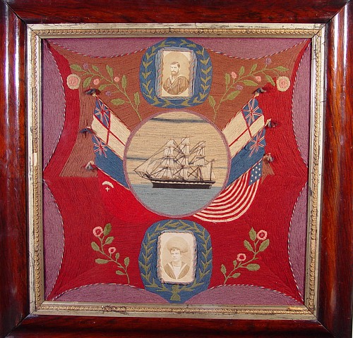An English Sailor's Woolwork Picture of Ship & Flags with two photographs of sailors, Circa 1885. SOLD •