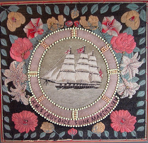 A British Sailor's Woolwork Picture of the H.M.S. Eruydice, Circa 1880. SOLD •