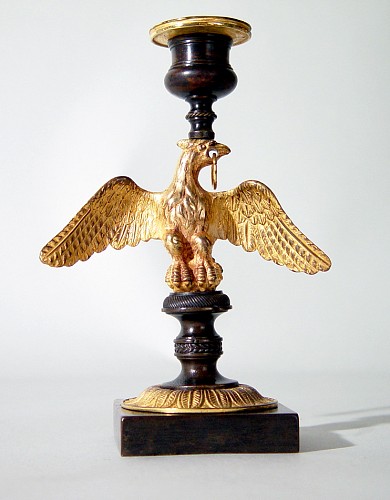 Regency Bronze and Ormolu Candlesticks in the Form of Eagles with Spread Wings, Circa 1830 SOLD •