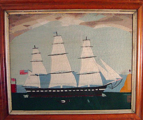 Inventory: A Rare American Woolwork Picture of Ship with American Flag, Circa 1880 SOLD &bull;