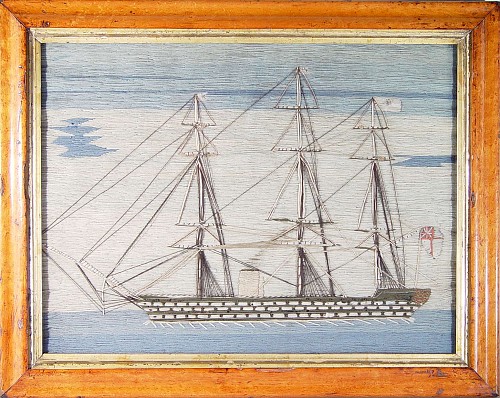 Inventory: A British Woolwork Picture (woolie) a Ship wiith Flags , Circa 1870. SOLD &bull;