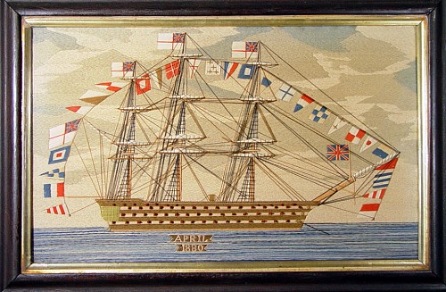 An Superb English Woolwork Picture of a Three-masted Frigate, fully dressed flying 31 flags, dated April, 1880. SOLD •