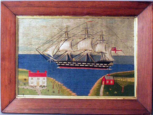 Sailor's Woolwork English Sailor's Woolwork Picture of a ship off the coast with a British frigate off a coast with 2 buildings.circa 1880 SOLD •